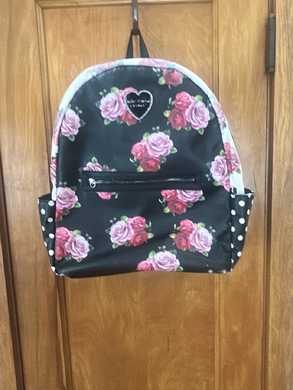 Betsey Johnson Black Floral Backpack with Pink & Red Roses